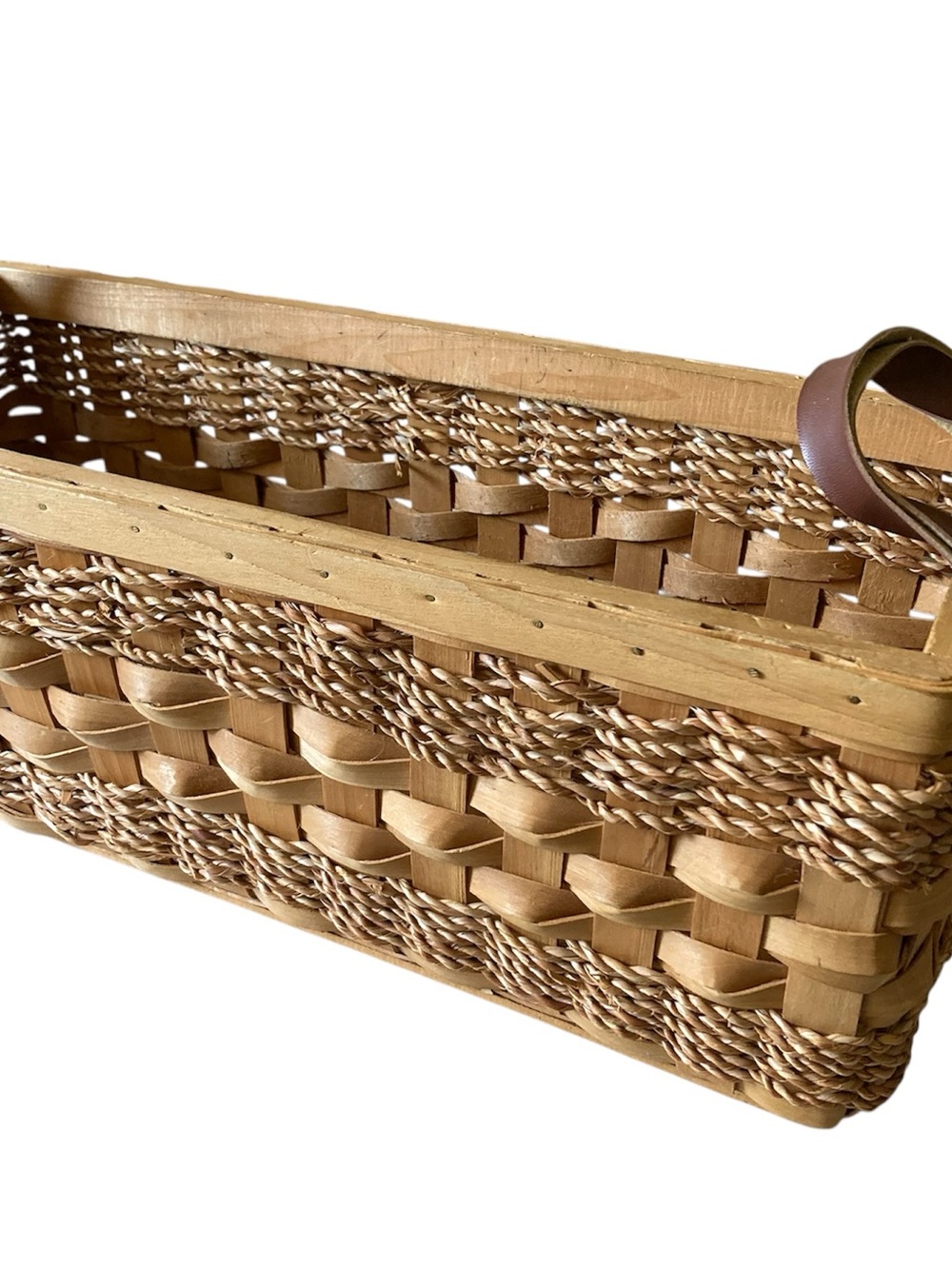 Rectangular Woven Wood Storage Basket Bin w/ Handles Brown 18.5 x 7.5 x 7